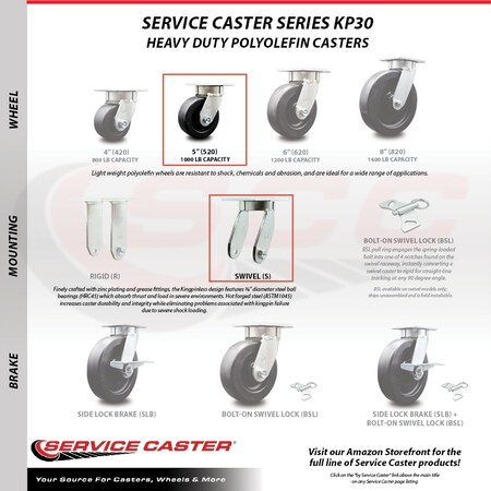 Service Caster 5 Inch Kingpinless Polyolefin Wheel Swivel Top Plate Caster SCC-KP30S520-POR